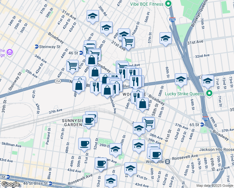 map of restaurants, bars, coffee shops, grocery stores, and more near 5120 Northern Boulevard in Queens