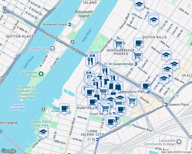 map of restaurants, bars, coffee shops, grocery stores, and more near 10-13 43rd Avenue in Queens