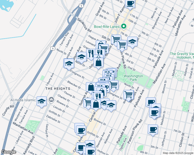 map of restaurants, bars, coffee shops, grocery stores, and more near 41 Graham Street in Jersey City