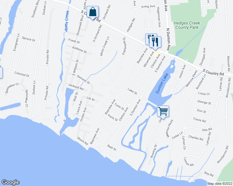 map of restaurants, bars, coffee shops, grocery stores, and more near 170 Bayview Avenue in East Patchogue