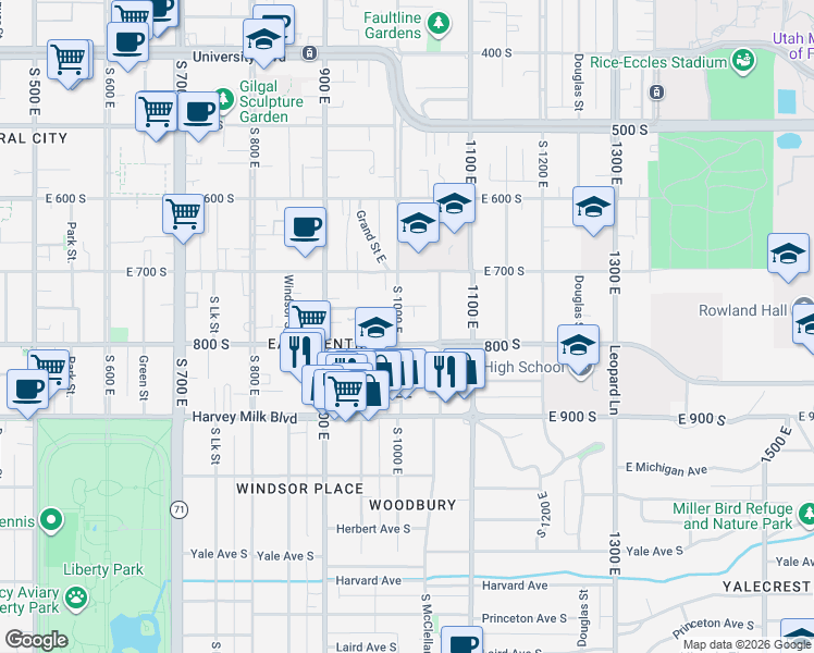 map of restaurants, bars, coffee shops, grocery stores, and more near 800 South 1000 East in Salt Lake City