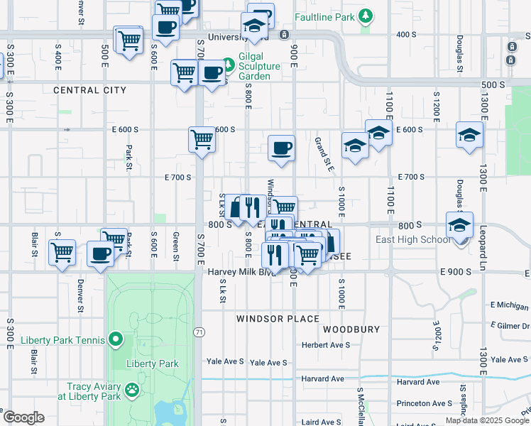 map of restaurants, bars, coffee shops, grocery stores, and more near 833 East 800 South in Salt Lake City