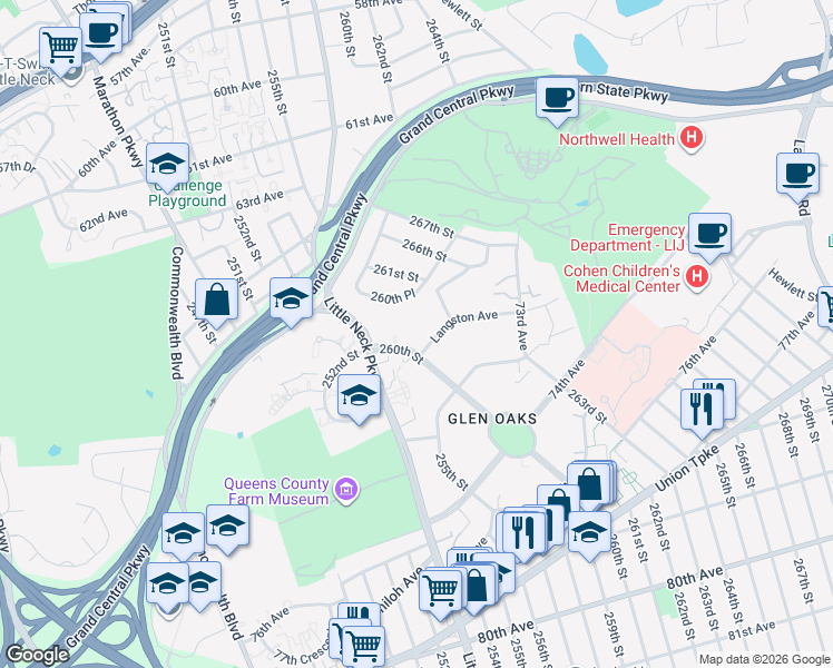 map of restaurants, bars, coffee shops, grocery stores, and more near 260-2 Langston Avenue in Queens