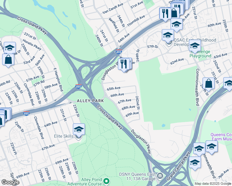 map of restaurants, bars, coffee shops, grocery stores, and more near 239-40 66th Avenue in Queens