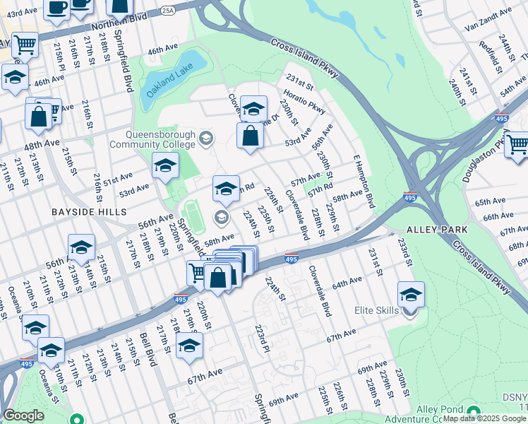 map of restaurants, bars, coffee shops, grocery stores, and more near 57-39 225th Street in Queens