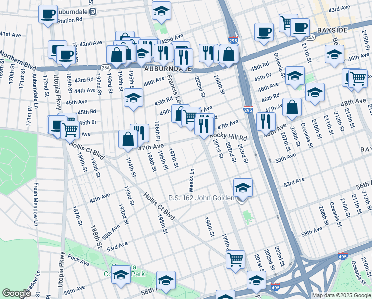 map of restaurants, bars, coffee shops, grocery stores, and more near 47-36 198th Street in Queens