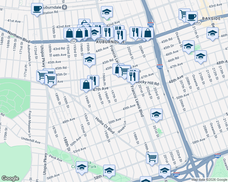 map of restaurants, bars, coffee shops, grocery stores, and more near 47-29 196th Place in Queens