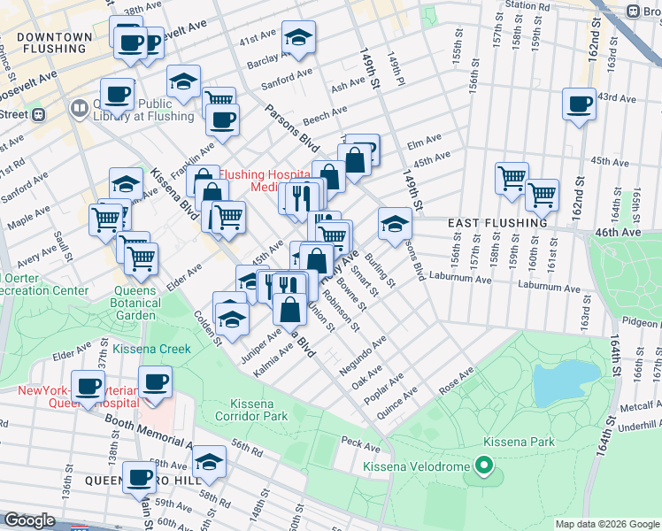 map of restaurants, bars, coffee shops, grocery stores, and more near 46-06 Bowne Street in Queens