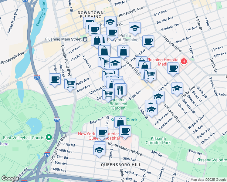 map of restaurants, bars, coffee shops, grocery stores, and more near 4318c Main Street in Queens