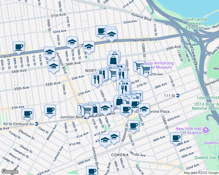 map of restaurants, bars, coffee shops, grocery stores, and more near 37-26 101st Street in Queens