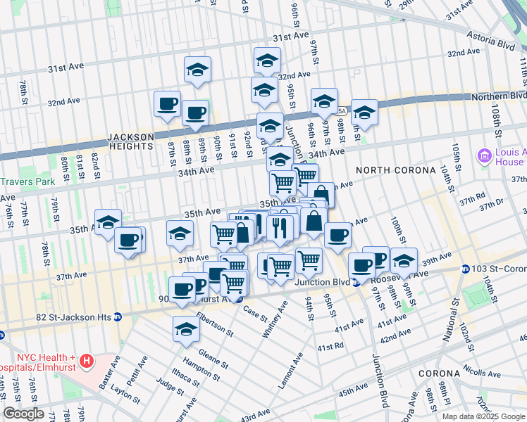 map of restaurants, bars, coffee shops, grocery stores, and more near 35-21 92nd Street in Queens