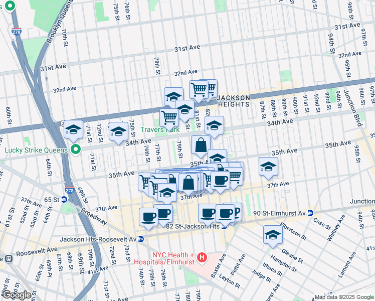 map of restaurants, bars, coffee shops, grocery stores, and more near in Queens