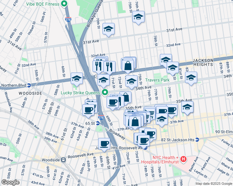 map of restaurants, bars, coffee shops, grocery stores, and more near 34-24 72nd Street in Queens