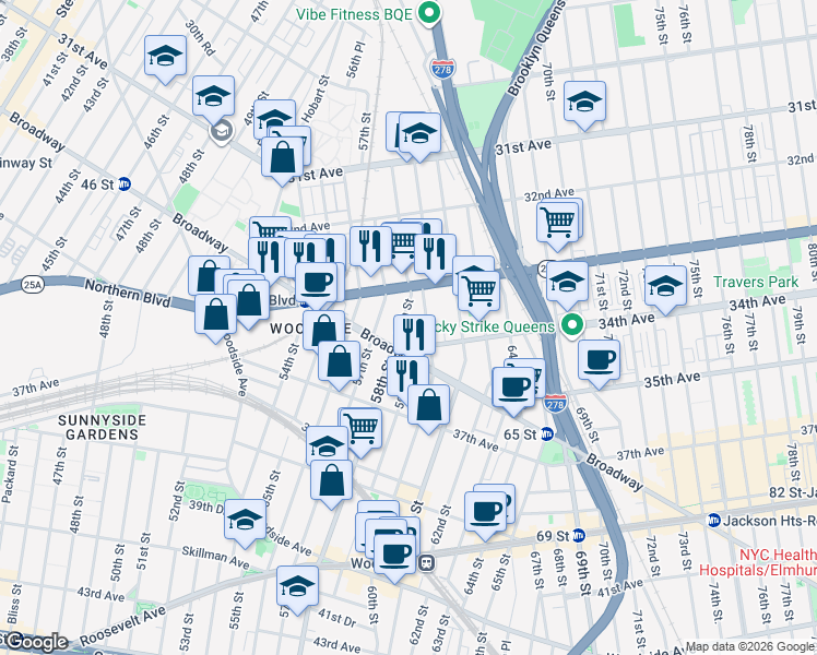 map of restaurants, bars, coffee shops, grocery stores, and more near in Queens