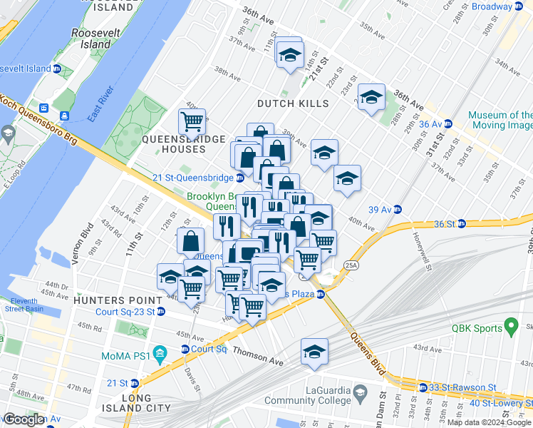 map of restaurants, bars, coffee shops, grocery stores, and more near 41-44 24th Street in Queens