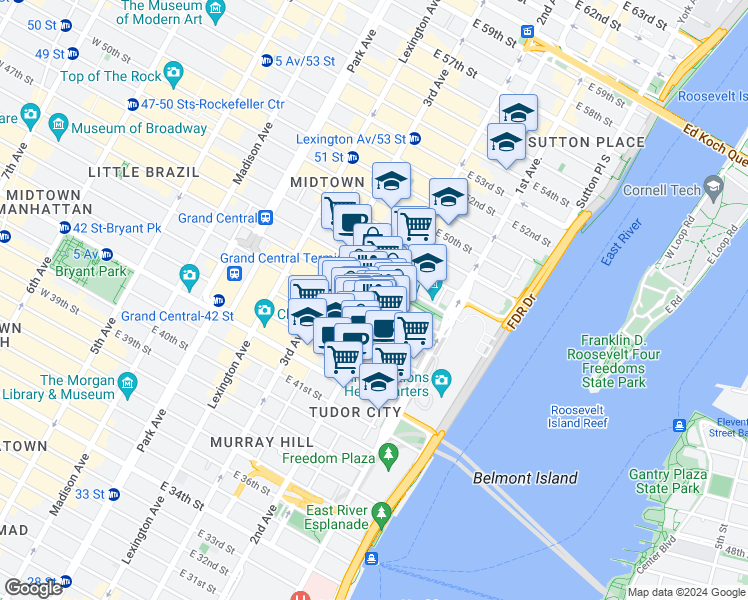 map of restaurants, bars, coffee shops, grocery stores, and more near in New York