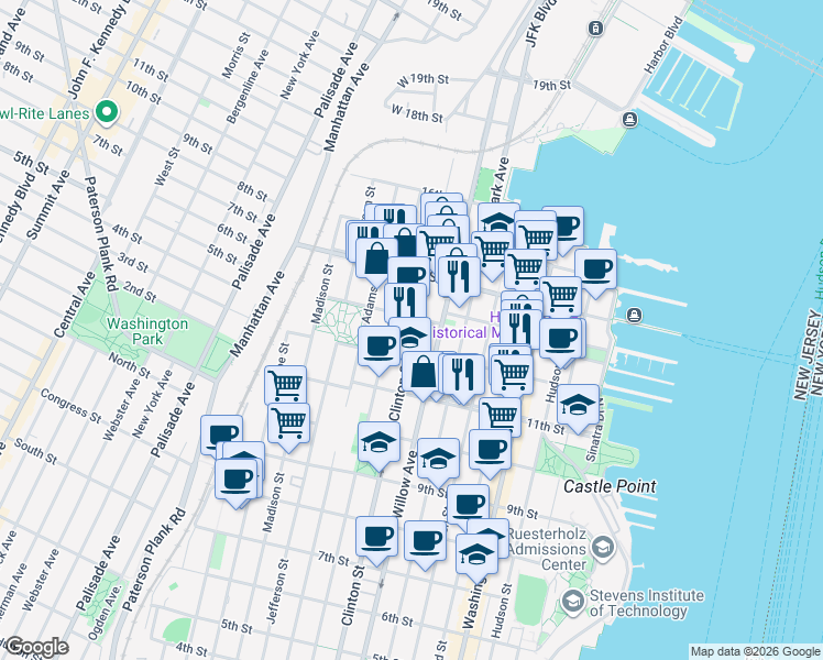 map of restaurants, bars, coffee shops, grocery stores, and more near 305 12th Street in Hoboken