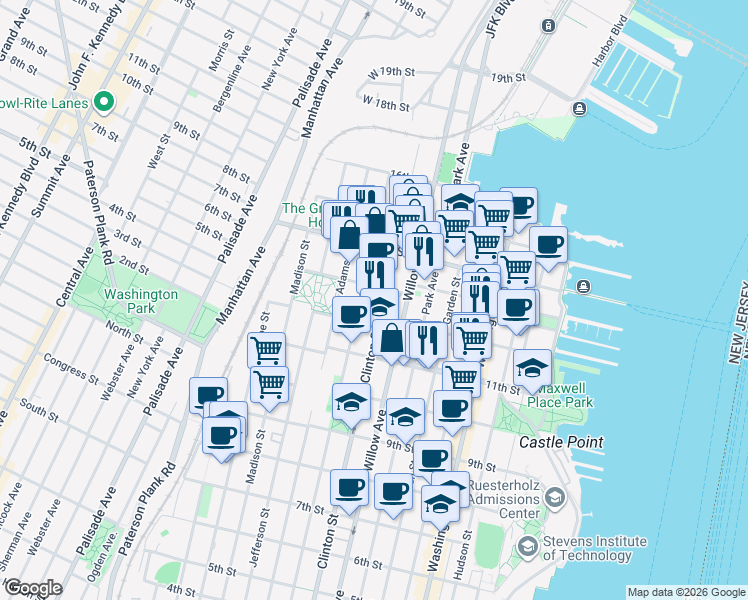 map of restaurants, bars, coffee shops, grocery stores, and more near 305 12th Street in Hoboken