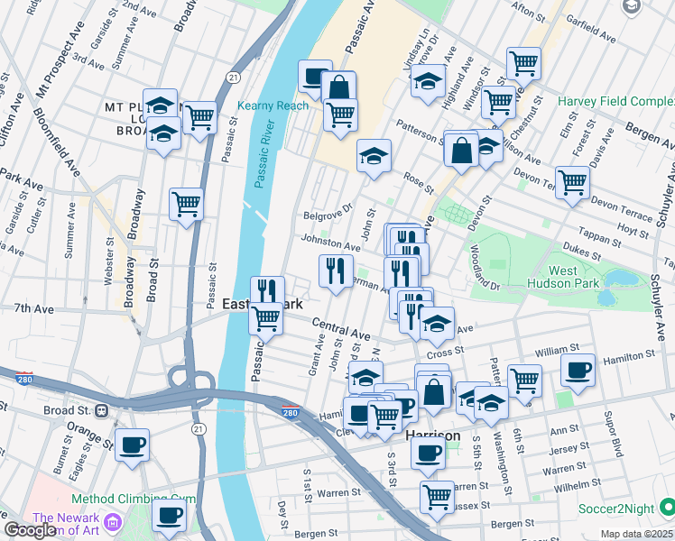 map of restaurants, bars, coffee shops, grocery stores, and more near 444 John Street in East Newark