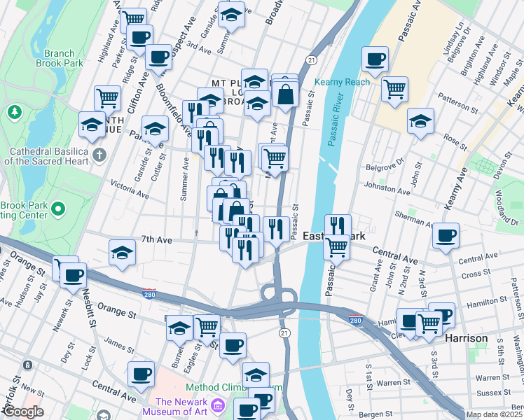 map of restaurants, bars, coffee shops, grocery stores, and more near 288 Broad Street in Newark