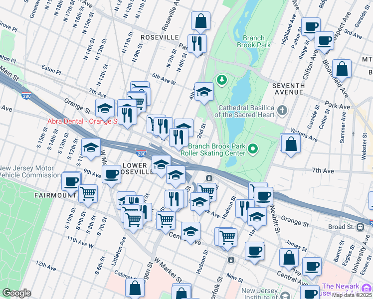 map of restaurants, bars, coffee shops, grocery stores, and more near 407-413 Orange Street in Newark