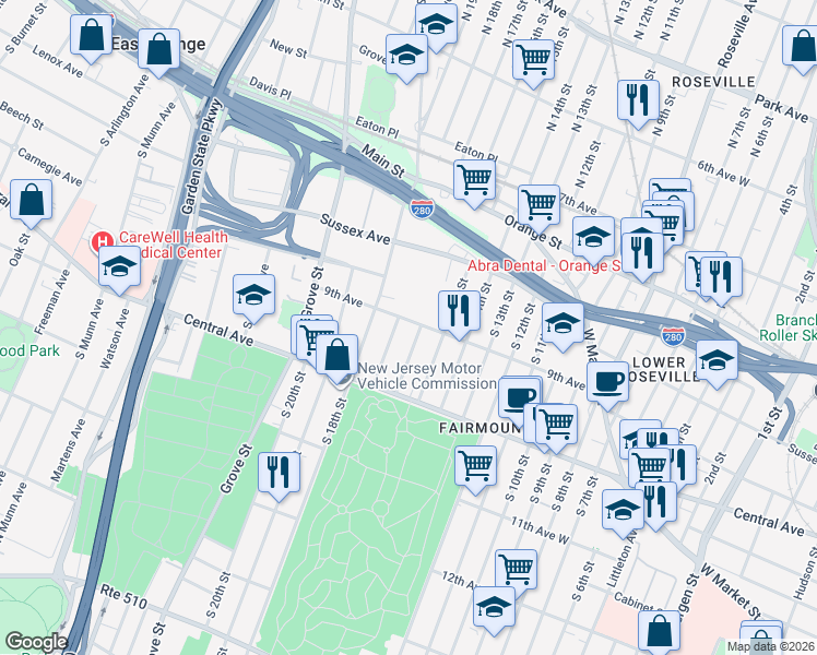 map of restaurants, bars, coffee shops, grocery stores, and more near 78 South 16th Street in East Orange