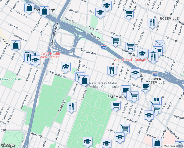 map of restaurants, bars, coffee shops, grocery stores, and more near 24 South 17th Street in East Orange