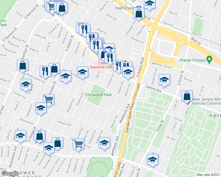 map of restaurants, bars, coffee shops, grocery stores, and more near 74 Freeman Avenue in East Orange