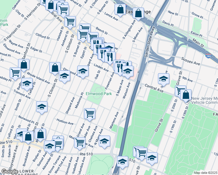 map of restaurants, bars, coffee shops, grocery stores, and more near 74 Freeman Avenue in East Orange