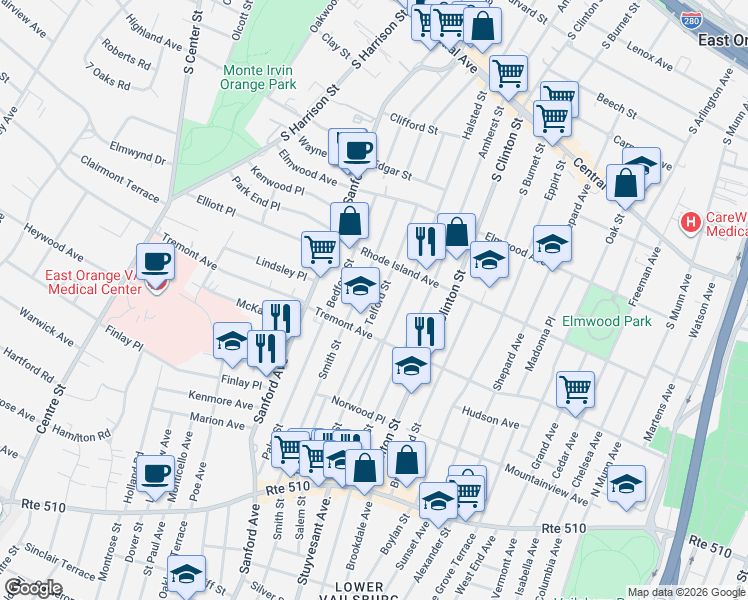 map of restaurants, bars, coffee shops, grocery stores, and more near 115 Telford Street in East Orange