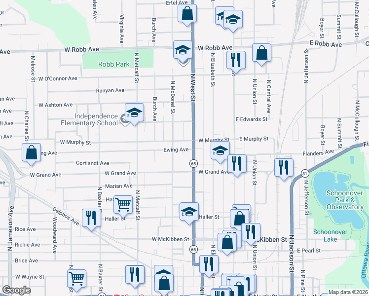 map of restaurants, bars, coffee shops, grocery stores, and more near 319 Ewing Avenue in Lima