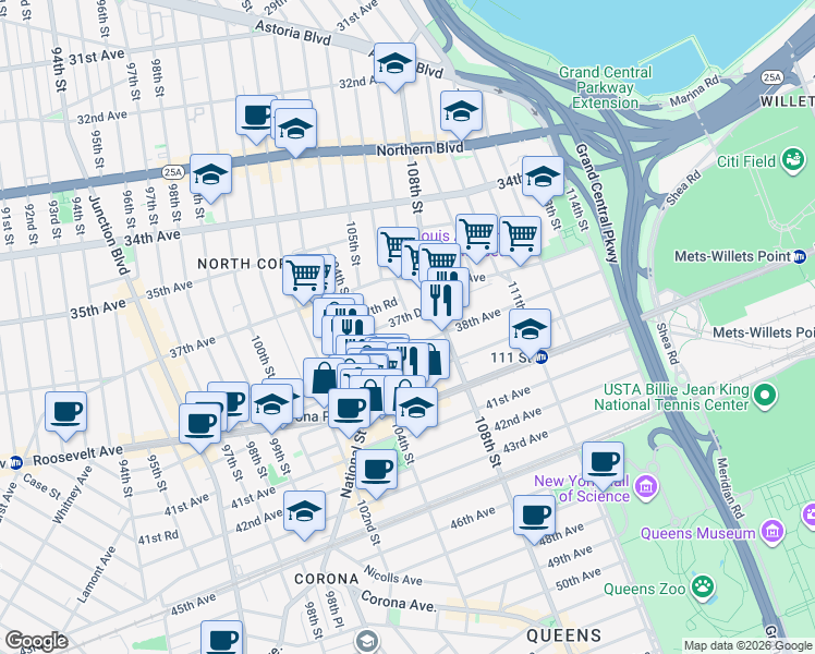 map of restaurants, bars, coffee shops, grocery stores, and more near 104-31 38th Avenue in Queens
