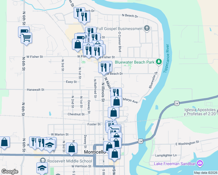map of restaurants, bars, coffee shops, grocery stores, and more near 101 Hanawalt Street in Monticello