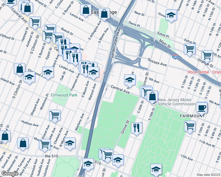 map of restaurants, bars, coffee shops, grocery stores, and more near 4 Hawthorne Place in East Orange