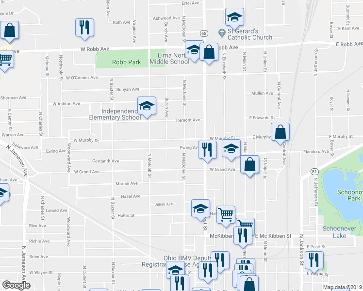 map of restaurants, bars, coffee shops, grocery stores, and more near 404 Ewing Avenue in Lima