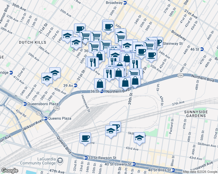 map of restaurants, bars, coffee shops, grocery stores, and more near 3710 36th Street in Queens