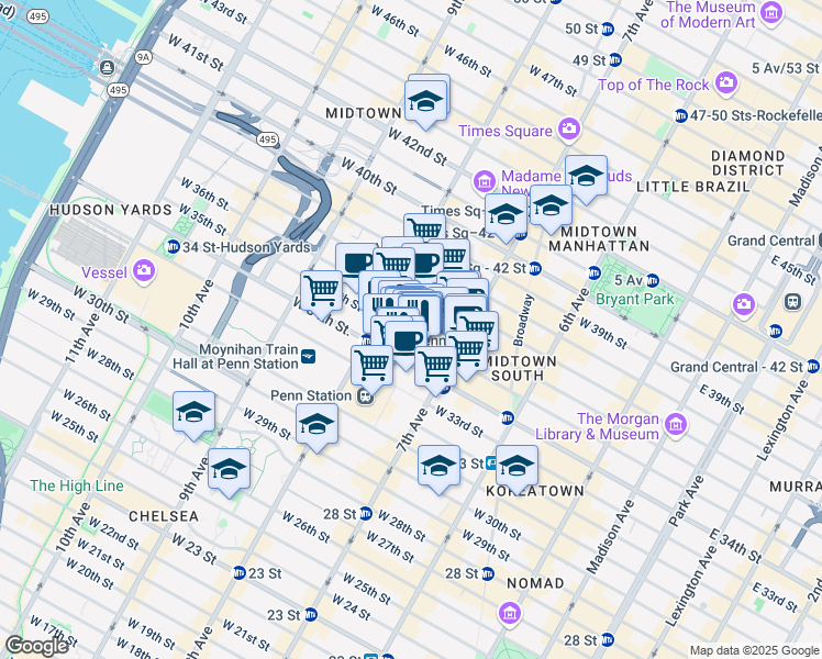 map of restaurants, bars, coffee shops, grocery stores, and more near 245 West 35th Street in New York