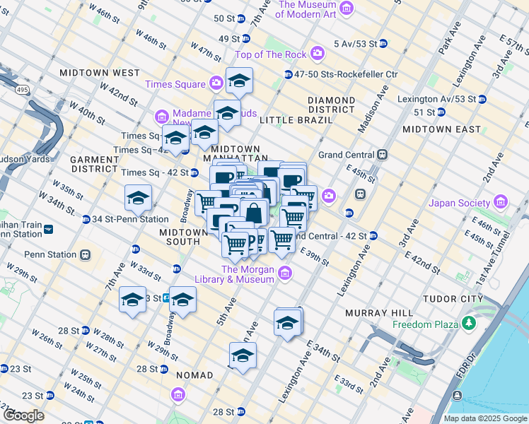 map of restaurants, bars, coffee shops, grocery stores, and more near 8 West 40th Street in New York