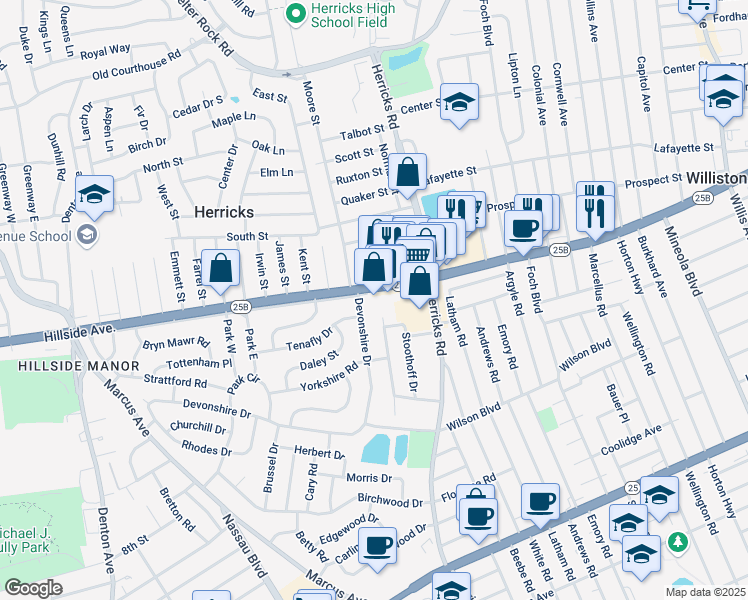 map of restaurants, bars, coffee shops, grocery stores, and more near 14 Devonshire Drive in New Hyde Park