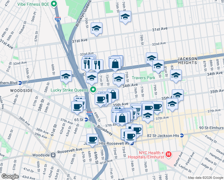 map of restaurants, bars, coffee shops, grocery stores, and more near 34-24 72nd Street in Queens
