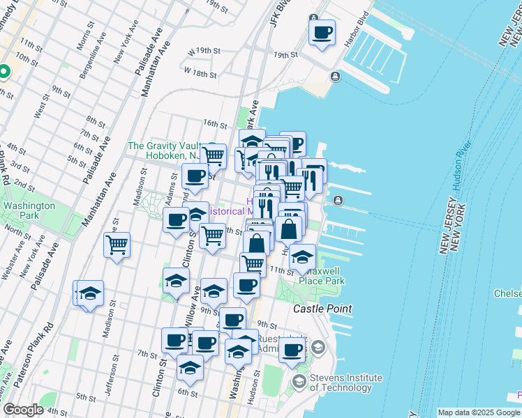 map of restaurants, bars, coffee shops, grocery stores, and more near Bloomfield Street & 13th Street in Hoboken