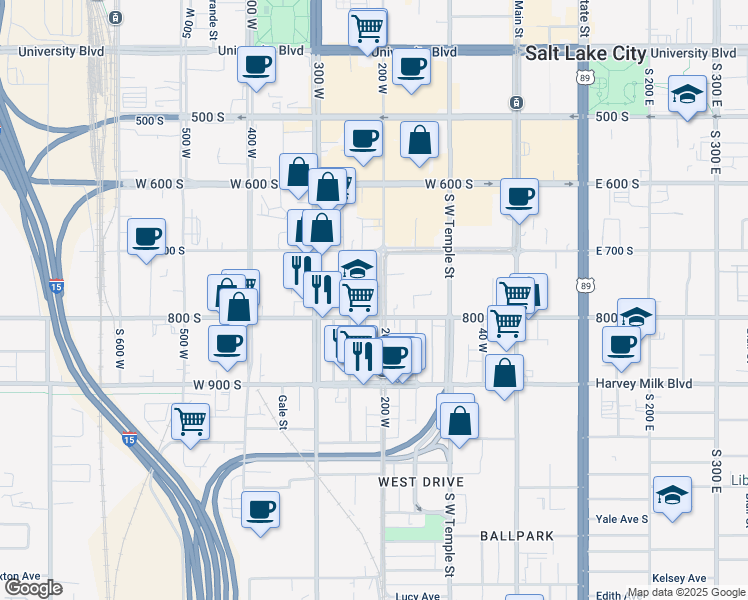 map of restaurants, bars, coffee shops, grocery stores, and more near 764 South 200 West in Salt Lake City