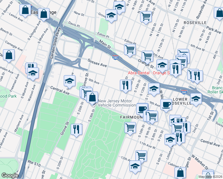 map of restaurants, bars, coffee shops, grocery stores, and more near 78 South 16th Street in East Orange