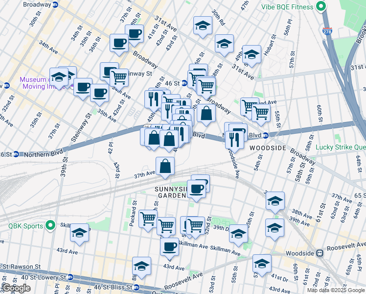 map of restaurants, bars, coffee shops, grocery stores, and more near 34-47 48th Street in Queens