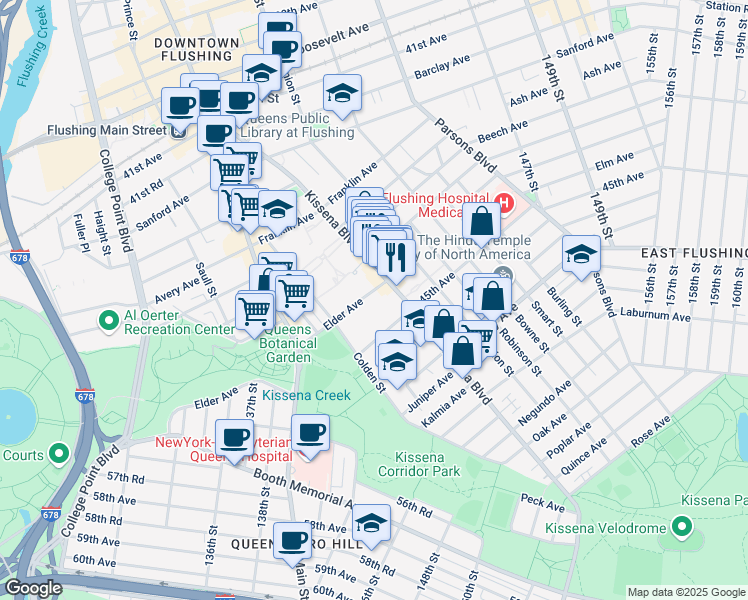 map of restaurants, bars, coffee shops, grocery stores, and more near 13747 45th Avenue in Queens