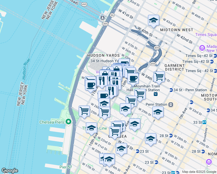 map of restaurants, bars, coffee shops, grocery stores, and more near 519 West 29th Street in New York