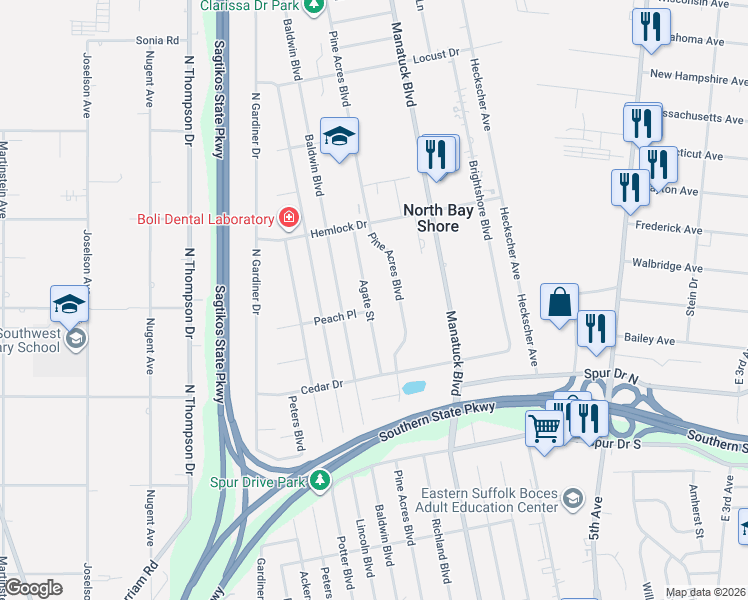 map of restaurants, bars, coffee shops, grocery stores, and more near 1533 Agate Street in Bay Shore
