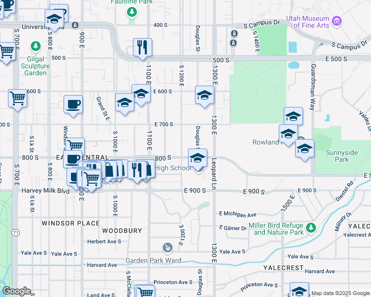 map of restaurants, bars, coffee shops, grocery stores, and more near 761 South 1200 East in Salt Lake City
