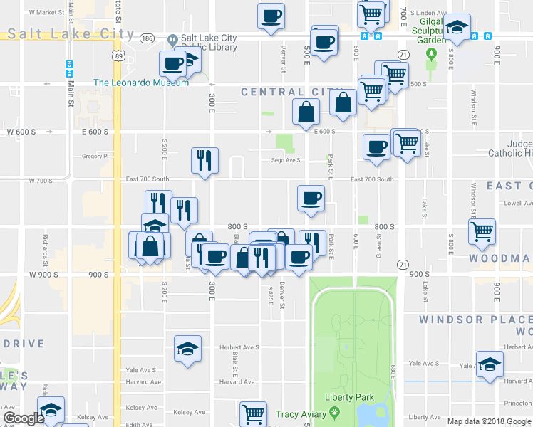 map of restaurants, bars, coffee shops, grocery stores, and more near 761 South 400 East in Salt Lake City