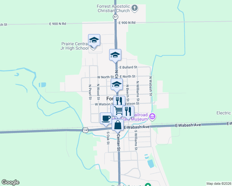 map of restaurants, bars, coffee shops, grocery stores, and more near in Forrest